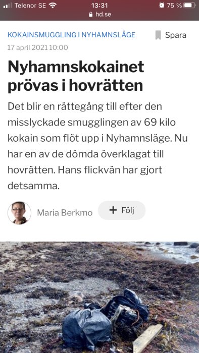 Svartvita säckar på strand med viss vegetation och vedträ i förgrunden, hav i bakgrunden.