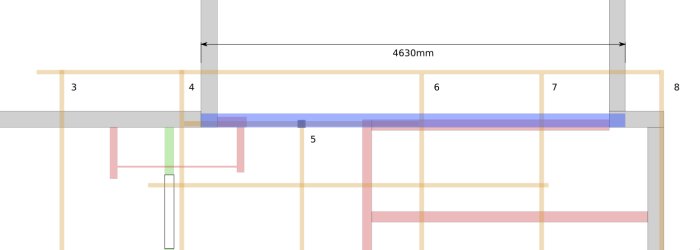 Ritning av takstolar med balkposition och måttangivelser, alternativ montering av takstol #6 och #7.