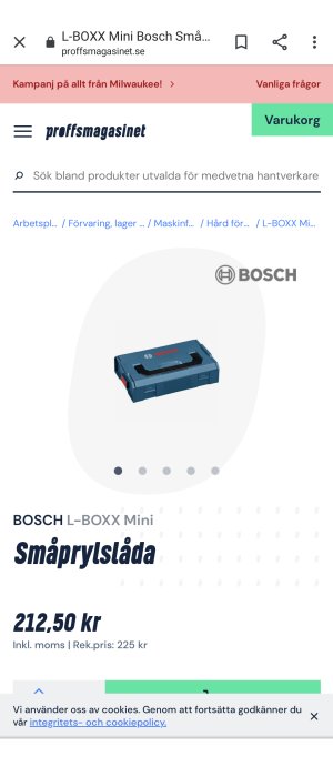 Bosch L-BOXX Mini smårpyslåda oanvänd, visad på en webbshop sida, potentiell förvaring för jobbmackan.