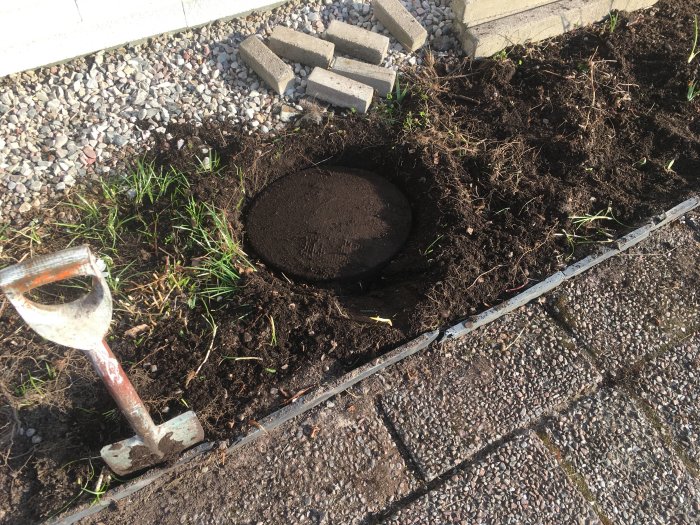 Uppgrävt område i rabatt med ett brunnslock som frilagts, spade till vänster och husvägg i bakgrunden.