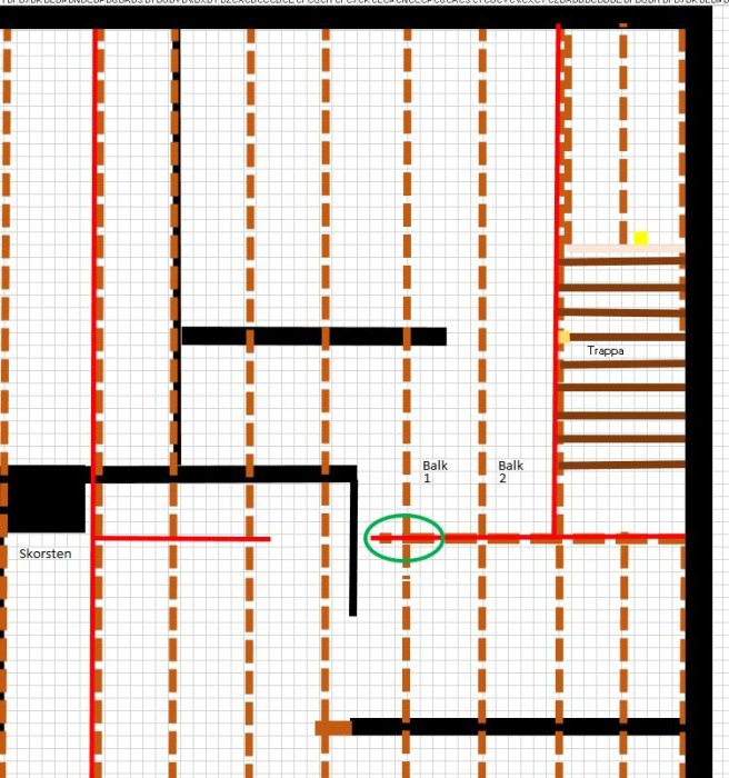 Ritning över källarplan med markerad väggsektion i grön cirkel som användaren önskar ta bort.