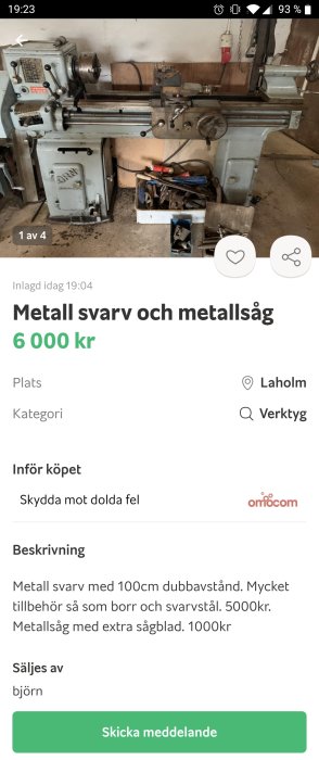 Metallsväng med tillbehör och metallborrat i verkstadsmiljö, annonserad för försäljning.