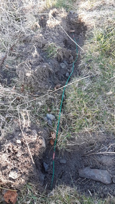 Avgrävd robotklippares begränsningskabel med synligt avbrott i trädgård.