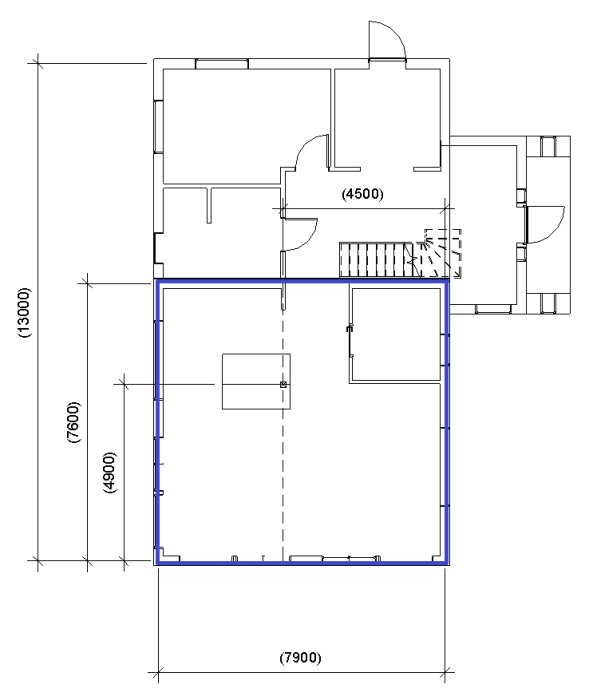 Arkitektonisk planritning för utbyggnad av enplanshus, med dimensioner och möjlig position för stödpelare.