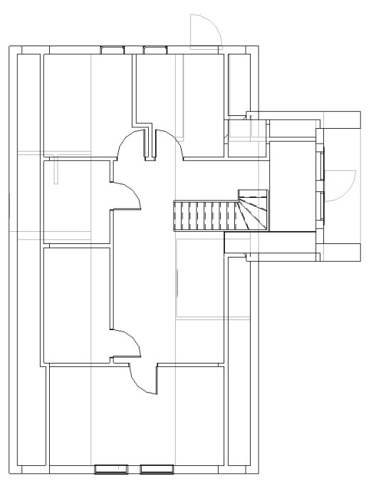 Arkitektonisk ritning av enplanshus med markerat utbyggnadsområde och potentiell mittenpelare vid köksö.