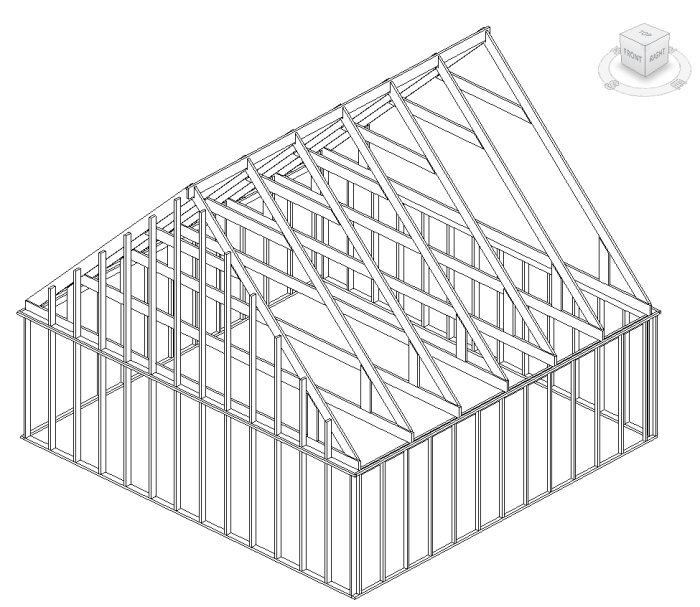 Linjeteckning av en husstomme med tydlig framställning av takstolar och väggkonstruktion för ett planerat byggprojekt.