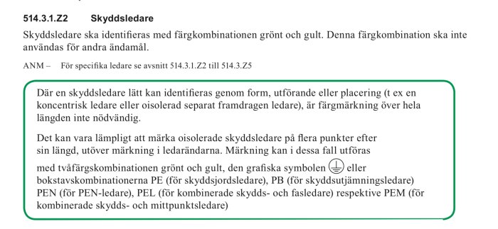 Textutdrag ur en handbok med information om identifiering av skyddsledare med grön och gul färgkombination.