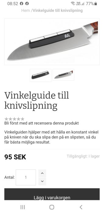 Vinkelguide för knivslipning monterad på en knivs blad.