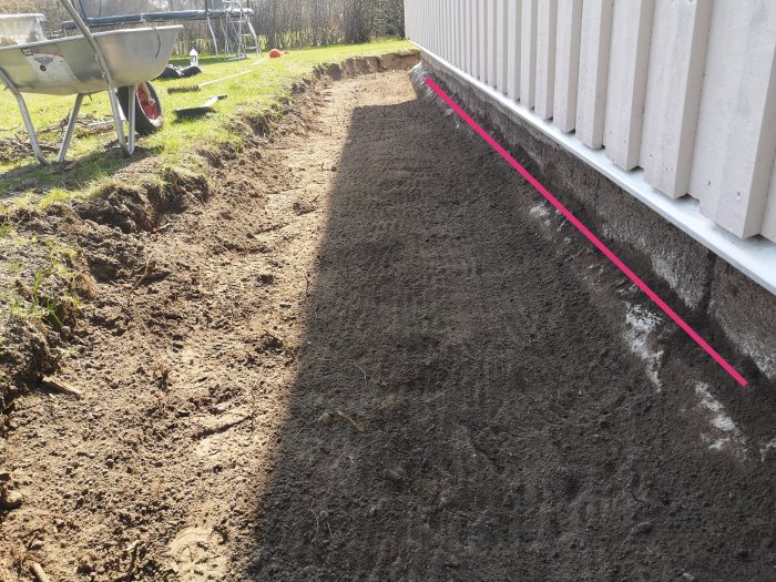 Nygrävd jord längs husvägg med lutning från huset markerad med rosa linje, redo för dekorsten.