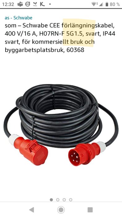 25 meter svart 3-fas 16A förlängningskabel med röda CEE-kontakter och 5G1.5 dimension.