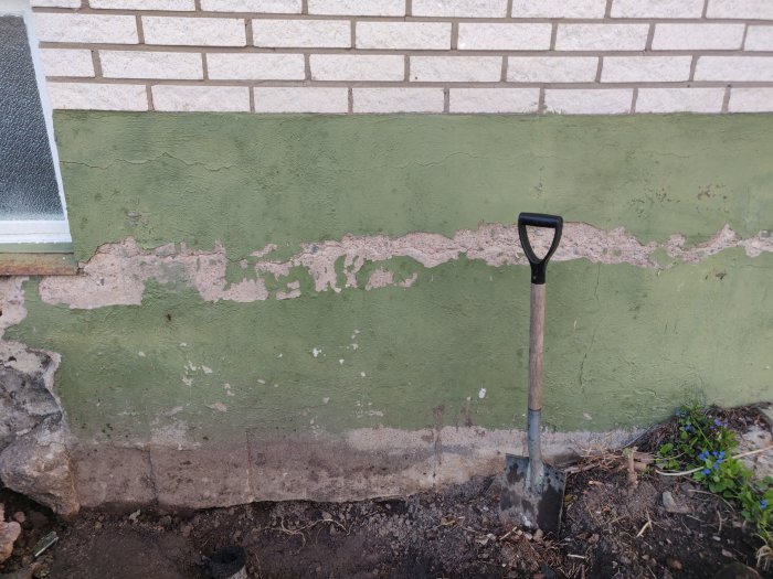 Spricka i grönmålad grundmur av mexitegel med en spade lutad mot väggen.