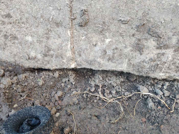 Spricka vid gammal källarvägg med en nyare gjuten klack ovanpå matjord, synlig dålig förankring.
