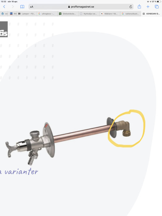 Radiatoranslutningsventil med justerknopp markerad med gul cirkel på en digital skärm.