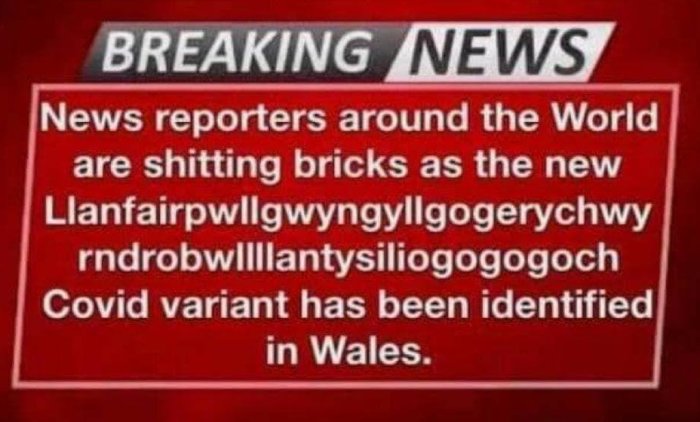 BREAKING NEWS banner with humorous text about reporters and a long Welsh town name related to a new Covid variant.