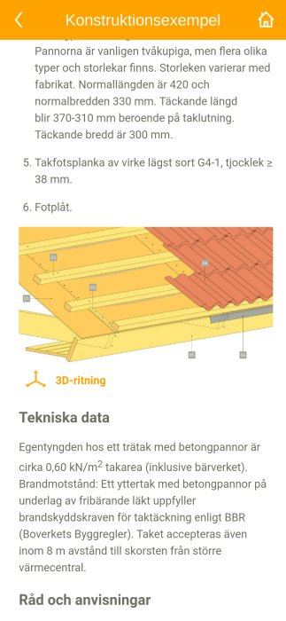 Illustration som visar konstruktion av tak med takfotsplanka, bärläkt och betongpannor.