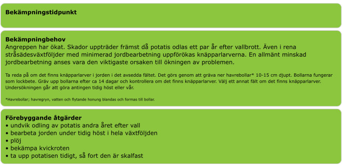 Skärmklipp av text med information om bekämpningstidpunkt, bekämpningsbehov och förebyggande åtgärder för skadedjur i jordbruk.