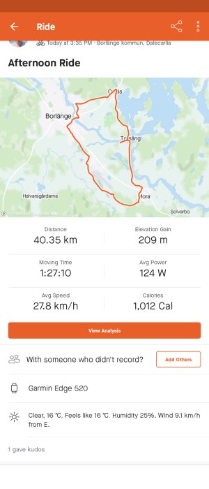 Cykelaktivitetsskärm med karta och statistik över 40,35 km eftermiddagstur, hastighet och temperaturdata.
