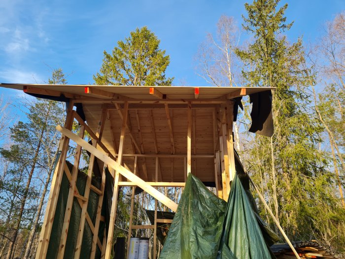 Takarbete på en nybyggd träkonstruktion med råspont och underlagspapp färdiginstallerat.