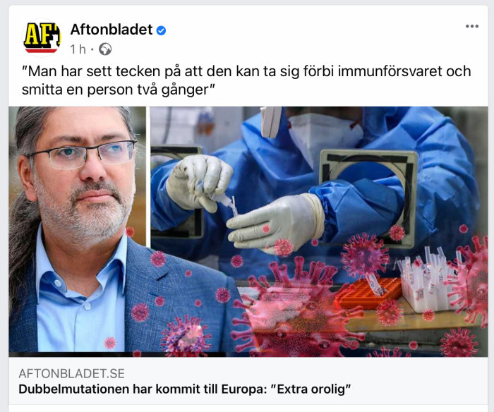 Man i kostym ser bekymrad ut, medan en person i skyddsutrustning hanterar provrör, viruspartiklar illustreras.