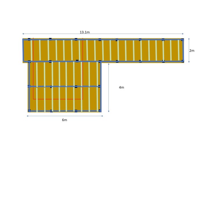 Ritning av en altankonstruktion med dimensioner, bärlinor, stödreglar och utmarkerat uterum.