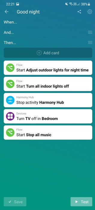 Skärmdump av ett automatiserat "Good night" flöde i en smart hem-app som släcker lampor och stänger av TV.