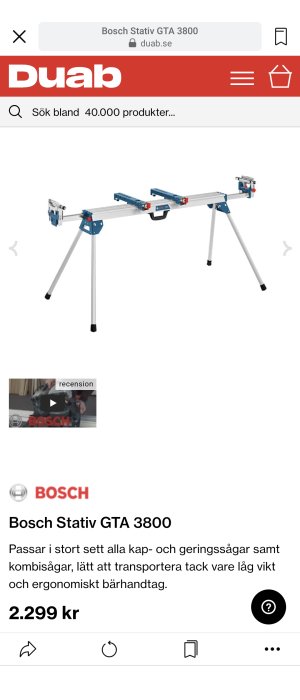 Bosch Stativ GTA 3800 för kap- och geringssågar, bärhandtag synligt, pris 2.299 kr.