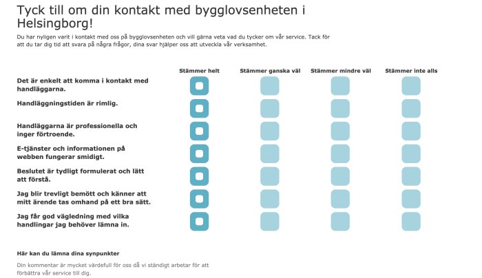 Enkät från Bygglovsenheten med förvalda positiva svarsalternativ i en kolumn.