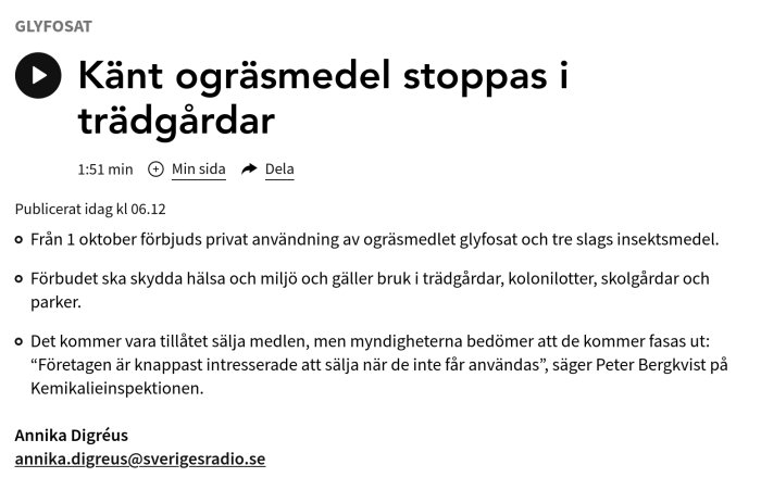 Webbsideartikel om förbud mot privat användning av ogräsmedlet glyfosat i trädgårdar.