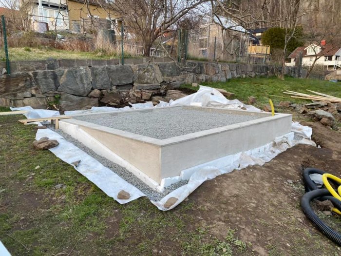 Nyputsad och fyllt fundament för byggprojekt utomhus med grus och verktyg synligt.