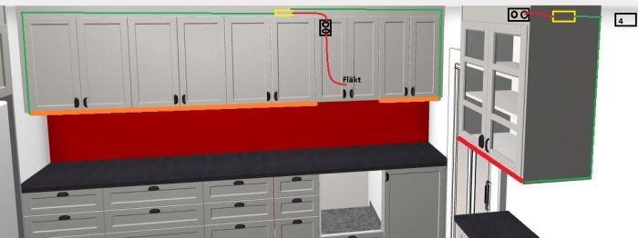 3D-ritning av ett kök med markerade elinstallationer för bänkbelysning och gömda transformatorer.
