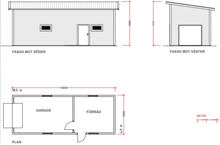 Ritning av garage med förråd inkluderar planvy och fasader mot söder och väster.