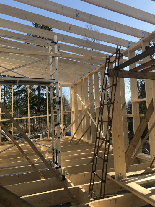 Stommen till en tillbyggnad under konstruktion med synliga träbalkar, stödstolpar och byggställning.