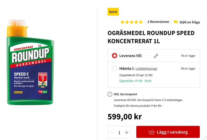 Flaska med Roundup Speed ogräsmedel koncentrat 1L på en produktinformationssida.