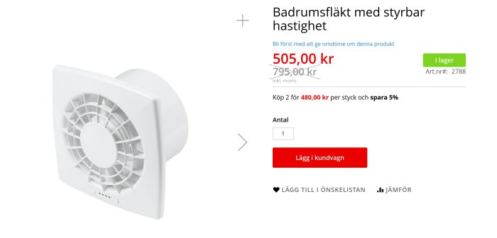 Vit badrumsfläkt med justerbar hastighet och produktinformation på webbsida.