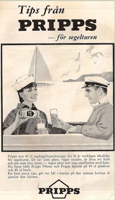 Gammal reklam för Pripps öl med man och kvinna på segelbåt, kvinnan häller öl i glas.