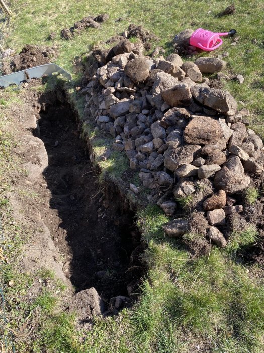 Nygrävt smalt land med en stor hög av grävda stenar och en rosa vattenkanna på gräset.