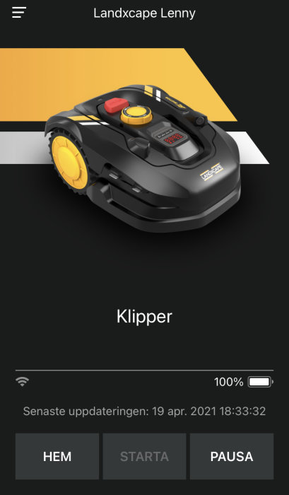 Robotgräsklippare "Landscape Lenny" visas på smartphone-app med status och kontroller.