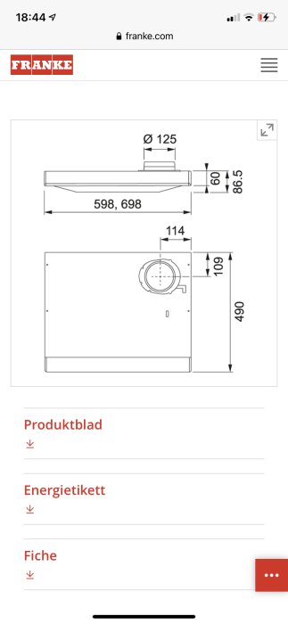 Teknisk ritning av en köksfläkt med högerplacerat anslutningsrör och måttspecifikationer.
