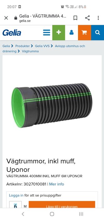 Svart vägtrumma med grön ände och texten 'Vägtrummor, inkl muff, Uponor' på Gelia webbsida.