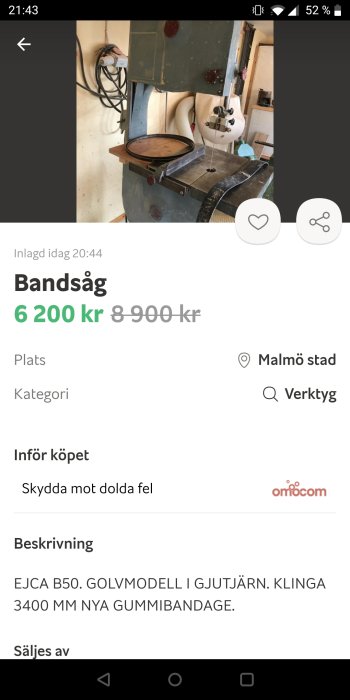 Bandsåg modell EJCA B50 till salu, pris nedsatt, i arbetsmiljö med synlig sågklinga och bord.