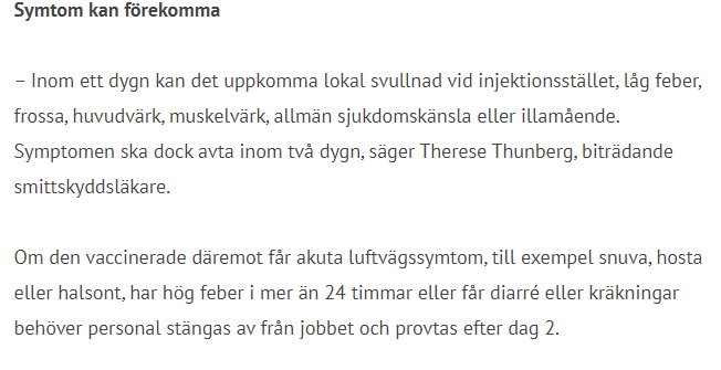 En skärmdump av en text som beskriver symptom som kan uppstå efter vaccination.