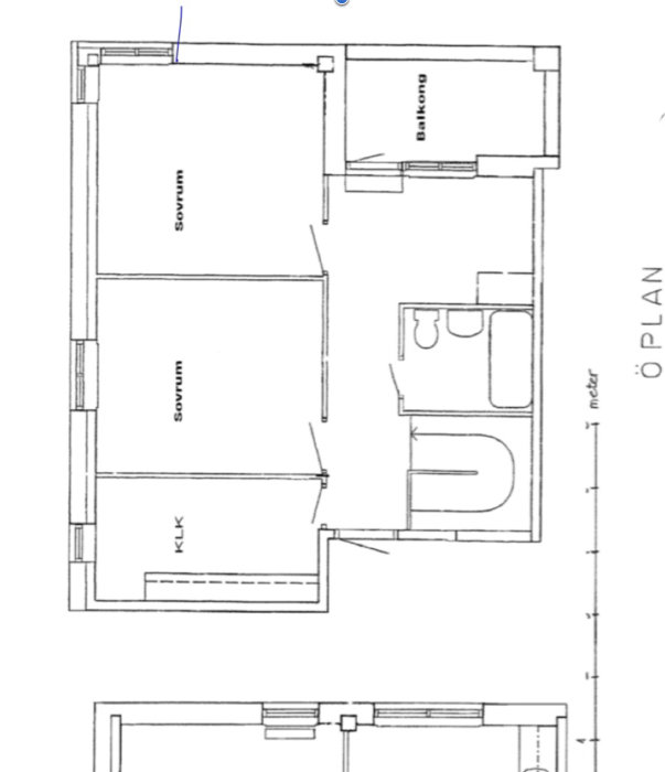 Ritning av en lägenhetsplan med två sovrum, badrum, hall och balkong.