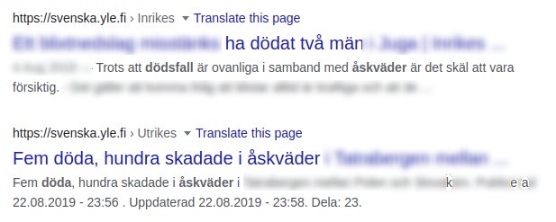 Skärmdump från en nyhetsartikel med rubriken "Fem döda, hundra skadade i åskväder".