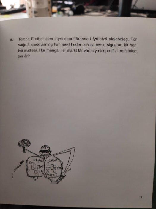 Mattebokssida med text och teckning, en karaktär framför aktiebolagsstrukturer och dryckesglas.