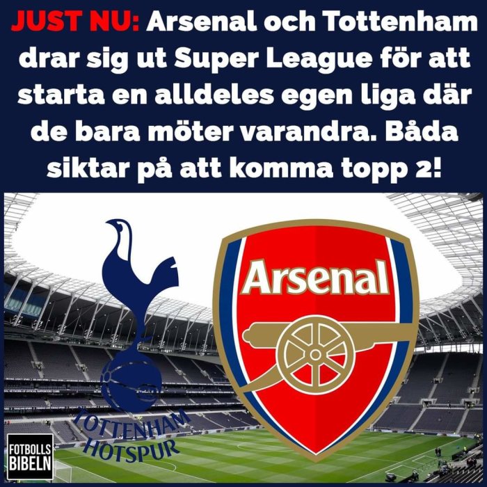 Satirisk bild om Arsenal och Tottenham som påstås starta egen liga, med logotyper och stadion i bakgrunden.