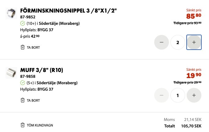 Skärmdump av en onlinekundvagn med FÖRMINSKNINGSNIPPEL och MUFF produkter och prissättning.