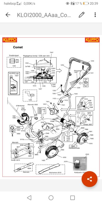 Exploded view diagram of Klippo Comet lawn mower parts and their reference numbers.