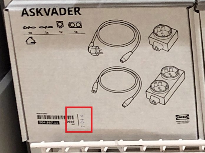 Förpackning märkt "ASKVADER" med bilder av elektriska kablar, kontakter, tillverkningsdatum vecka 44 i rött.