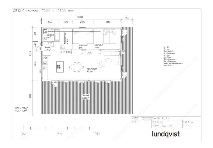 Grundritning för en bostad på 72 kvm med detaljerad planlösning och utmärkning för FTX-ventilation.