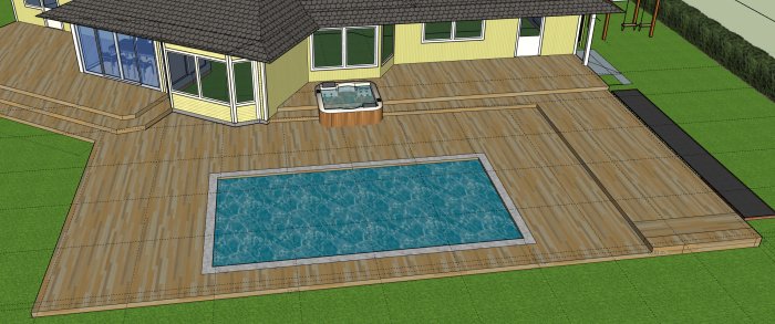 3D-rendering av ett träaltandäck med olika nivåer och en inbyggd pool.